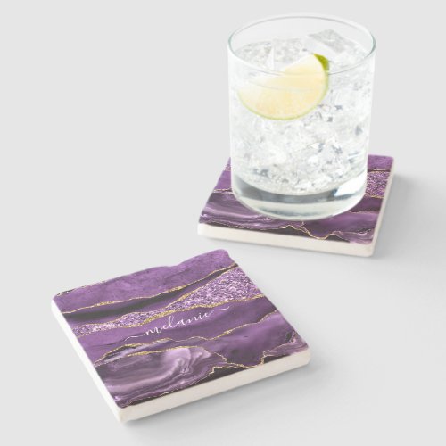 Agate Purple Violet Gold Glitter Geode Custom Name Stone Coaster