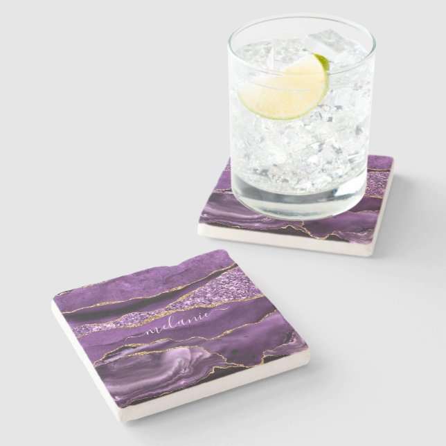 Agate Purple Violet Gold Glitter Geode Custom Name Stone Coaster (Side)