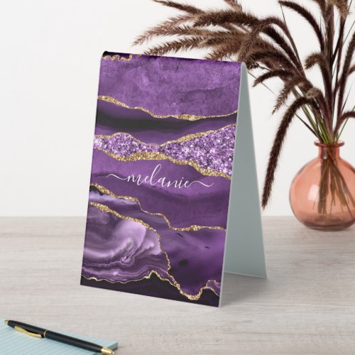 Agate Purple Violet Gold Glitter Geode Custom Name Table Tent Sign