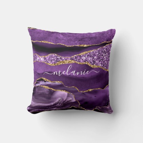 Agate Purple Violet Gold Glitter Geode Custom Name Throw Pillow