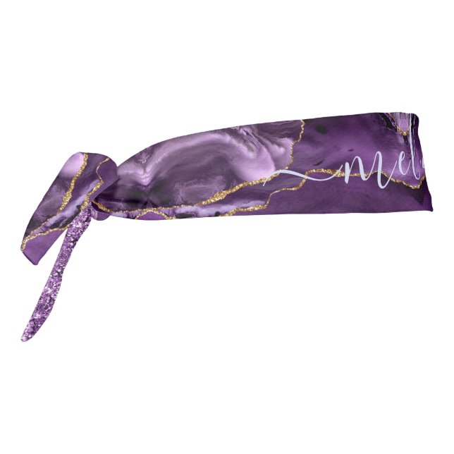 Agate Purple Violet Gold Glitter Geode Custom Name Tie Headband (Rotate 270)