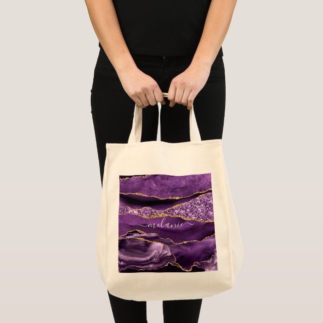 Agate Purple Violet Gold Glitter Geode Custom Name Tote Bag (Front (Product))