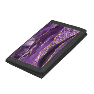 Agate Purple Violet Gold Glitter Geode Custom Name Tri-fold Wallet