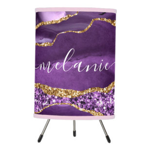 Agate Purple Violet Gold Glitter Geode Custom Name Tripod Lamp