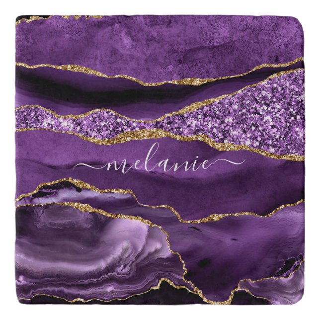 Agate Purple Violet Gold Glitter Geode Custom Name Trivet (Front)