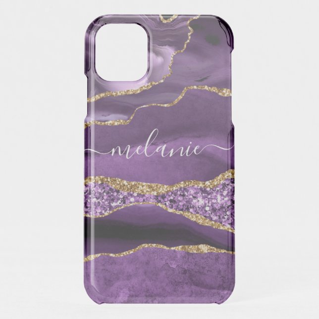 Agate Purple Violet Gold Glitter Geode Custom Name Uncommon iPhone Case (Back)
