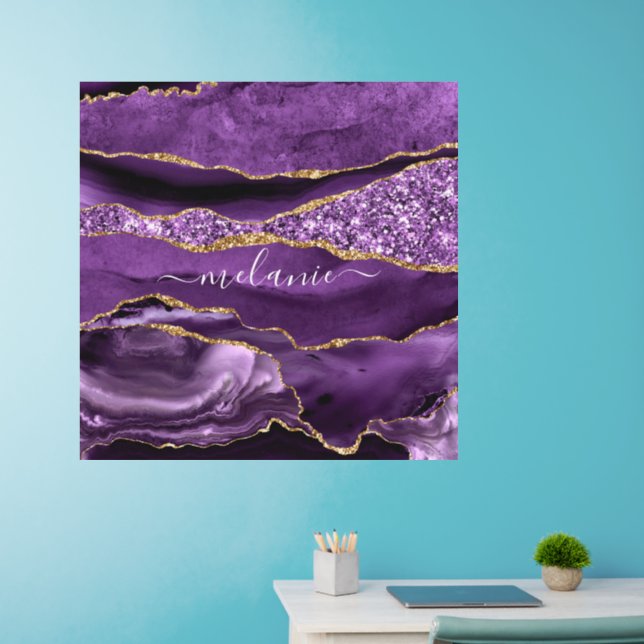 Agate Purple Violet Gold Glitter Geode Custom Name Wall Decal (Home Office)