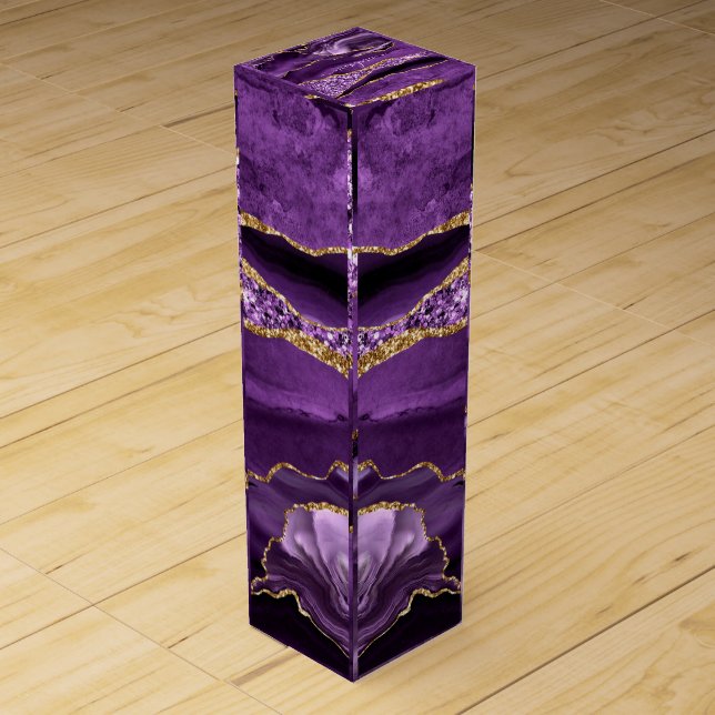 Agate Purple Violet Gold Glitter Geode Custom Name Wine Box (Back)