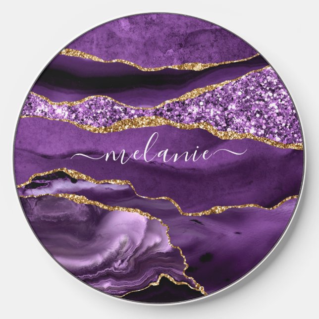 Agate Purple Violet Gold Glitter Geode Custom Name Wireless Charger (Front)