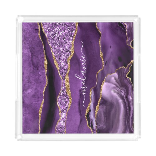 Agate Purple Violet Gold Glitter Geode Name Acrylic Tray