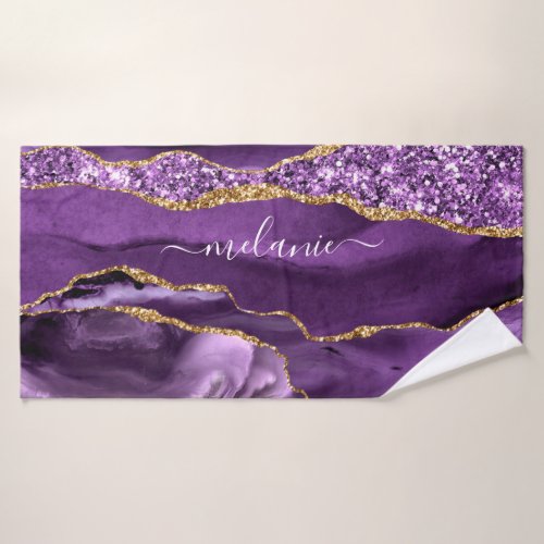 Agate Purple Violet Gold Glitter Geode Name Bath Towel Set