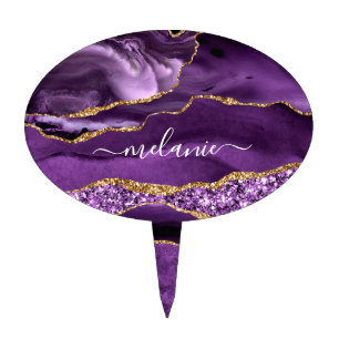 Agate Purple Violet Gold Glitter Geode Name Cake Topper