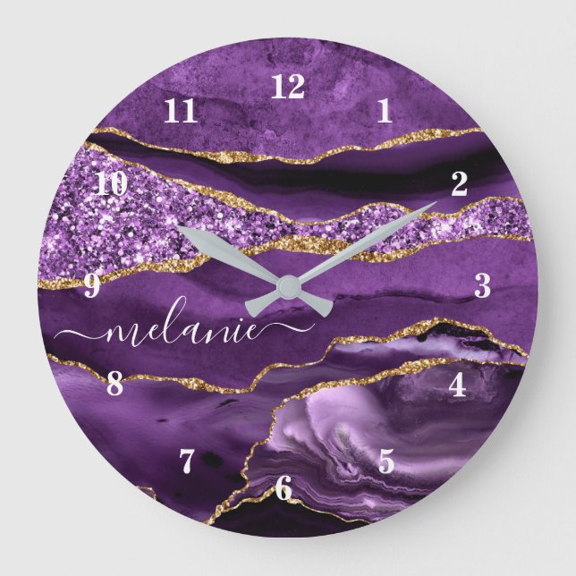 Agate Purple Violet Gold Glitter Geode Name Clock (Front)