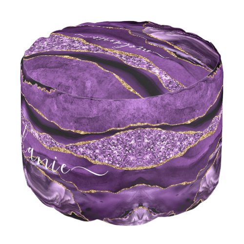 Agate Purple Violet Gold Glitter Geode Name Pouf