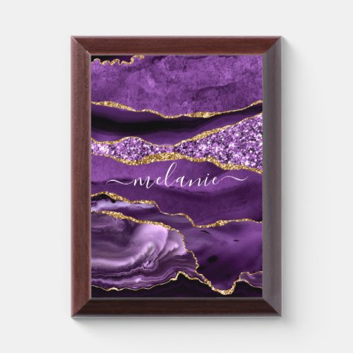 Agate Purple Violet Gold Glitter Geode Your Name Award Plaque