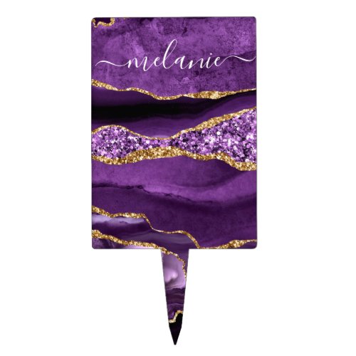 Agate Purple Violet Gold Glitter Geode Your Name Cake Topper