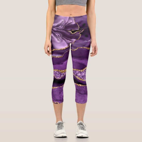 Agate Purple Violet Gold Glitter Geode Your Name Capri Leggings