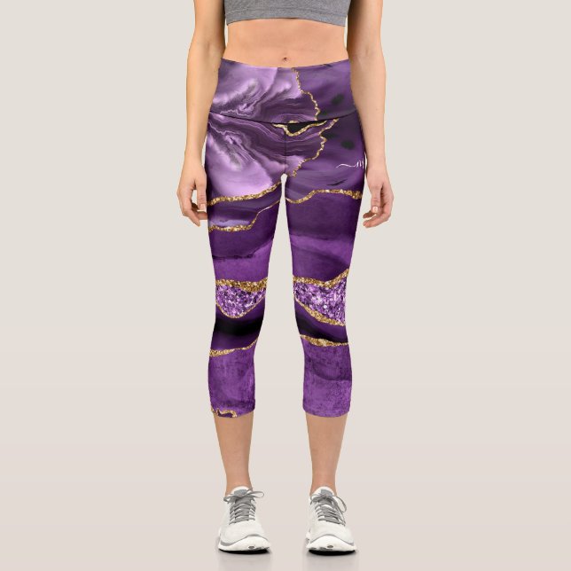 Agate Purple Violet Gold Glitter Geode Your Name Capri Leggings (Front)