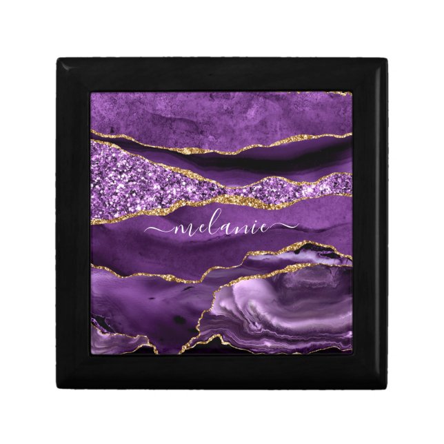 Agate Purple Violet Gold Glitter Geode Your Name Gift Box (Front)