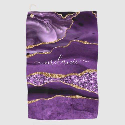 Agate Purple Violet Gold Glitter Geode Your Name Golf Towel