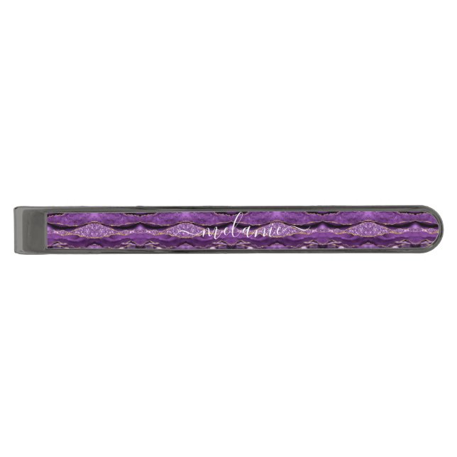 Agate Purple Violet Gold Glitter Geode Your Name Gunmetal Finish Tie Bar (Front)