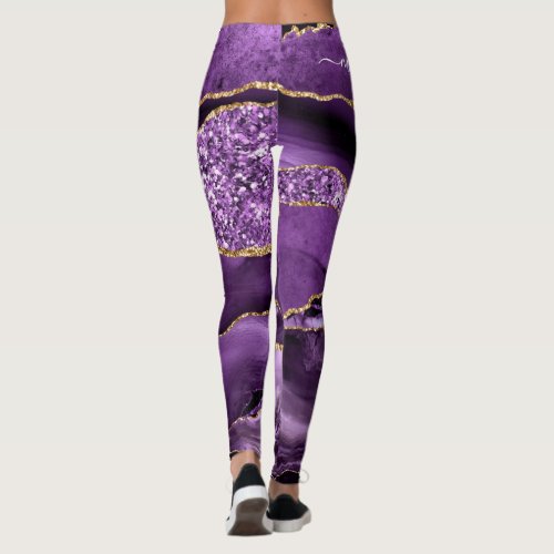 Agate Purple Violet Gold Glitter Geode Your Name Leggings