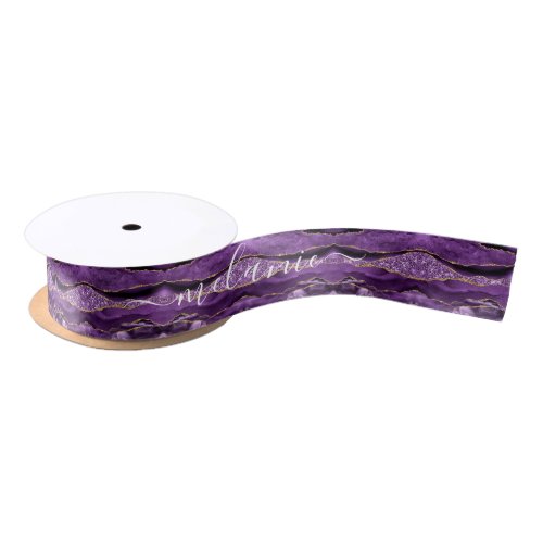 Agate Purple Violet Gold Glitter Geode Your Name Satin Ribbon