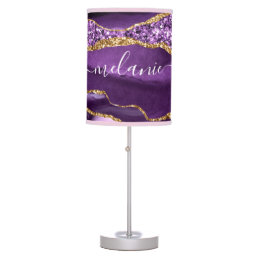 Agate Purple Violet Gold Glitter Geode Your Name Table Lamp