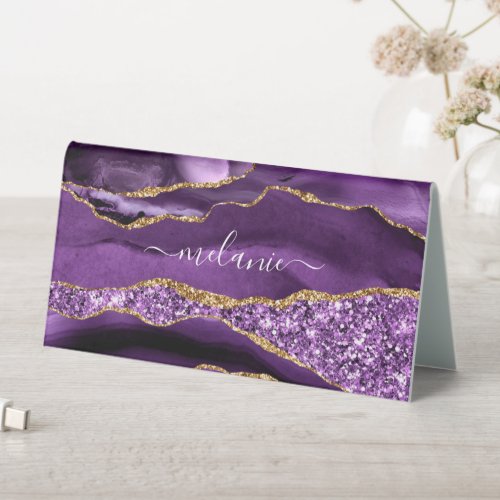 Agate Purple Violet Gold Glitter Geode Your Name Table Tent Sign