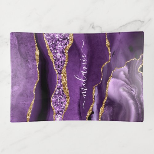 Agate Purple Violet Gold Glitter Geode Your Name Trinket Tray