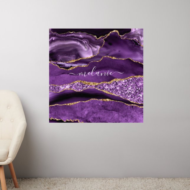 Agate Purple Violet Gold Glitter Geode Your Name Wall Decal (Living Room 2)