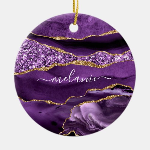 Agate Purple Violet Gold Glitter Marble Your Name Ceramic Ornament