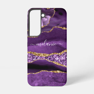 Agate Purple Violet Gold Glitter Marble Your Name Samsung Galaxy S22 Case
