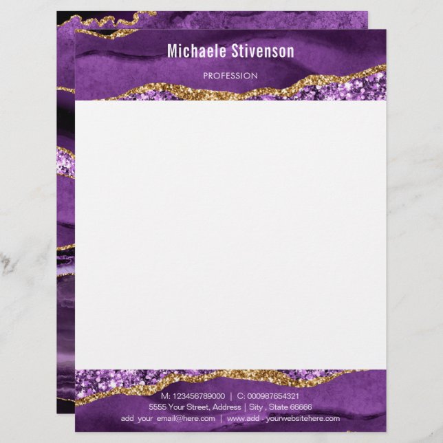 Agate Purple Violet Gold Glitter Modern Letterhead (Front/Back)