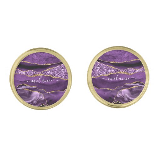 Agate Purple Violet Gold Glitter Name Cufflinks