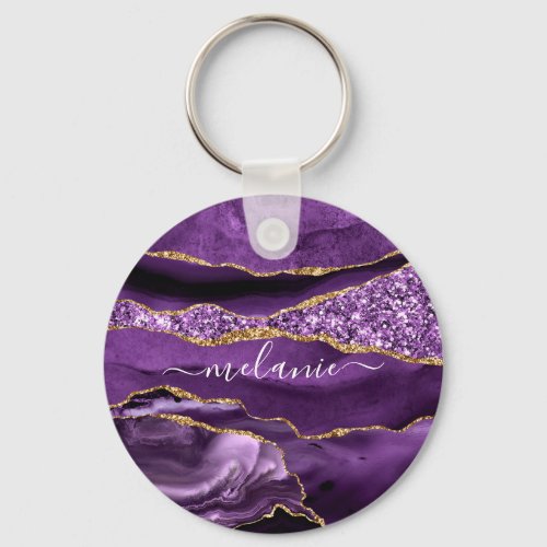 Agate Purple Violet Gold Glitter Name Keychain