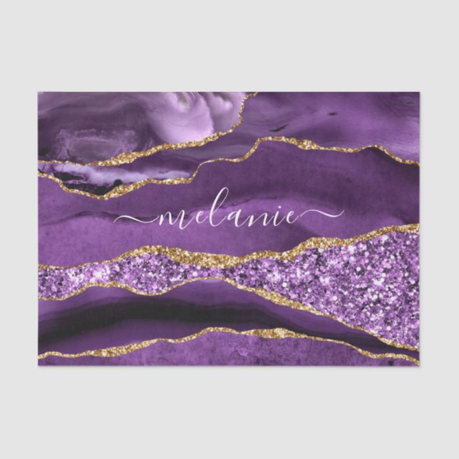Agate Purple Violet Gold Glitter Name Tissue Paper (Front)