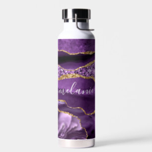 Agate Purple Violet Gold Glitter Name Water Bottle