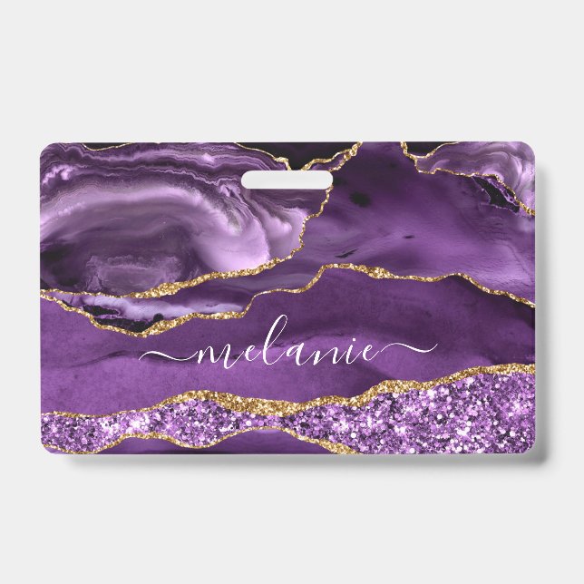 Agate Purple Violet Gold Glitter Your Name Badge (Front)