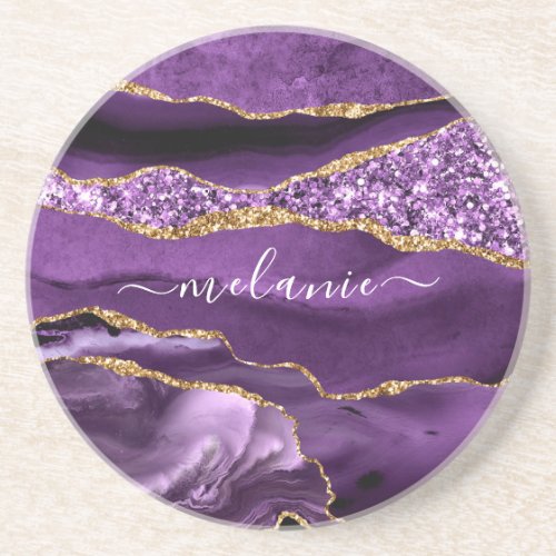 Agate Purple Violet Gold Glitter Your Name Coaster