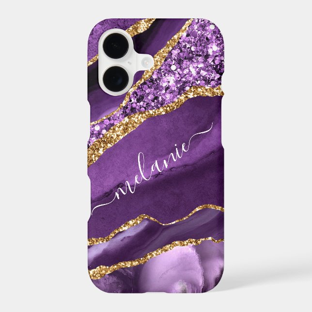 Agate Purple Violet Gold Glitter Your Name iPhone Case (Back)