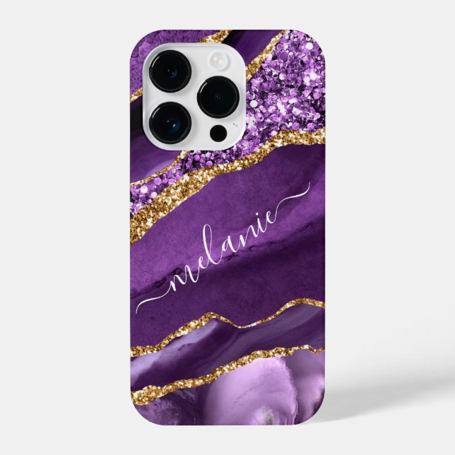 Agate Purple Violet Gold Glitter Your Name iPhone Case (Back)