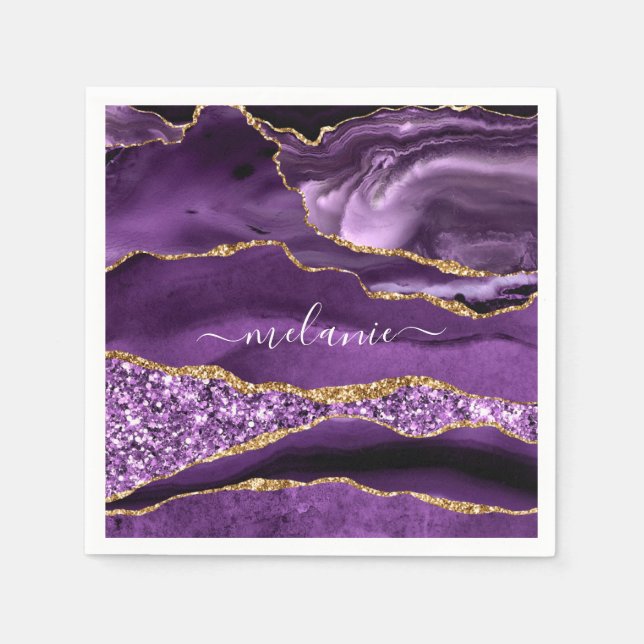 Agate Purple Violet Gold Glitter Your Name Napkins (Front)
