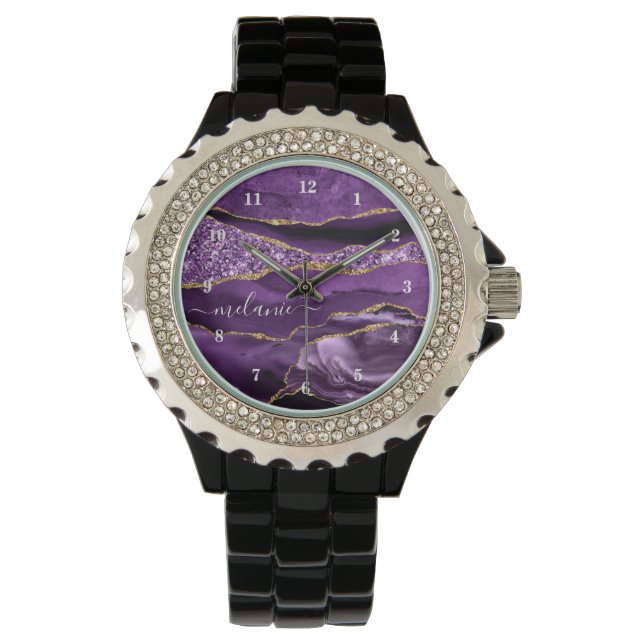 Agate Purple Violet Gold Glitter Your Name Watch (Front)