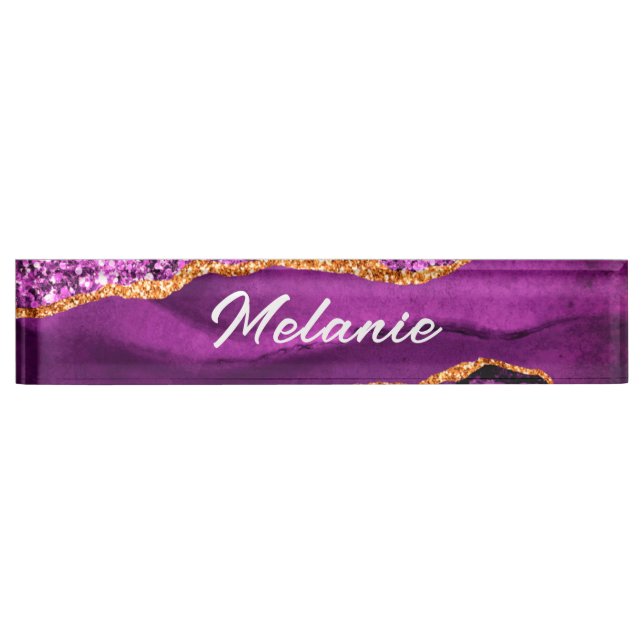 Agate Purple Violet Gold Marble Desk Name Plate (Front)