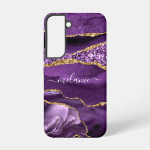 Agate Purple Violet Gold Sparkle Marble Your Name Samsung Galaxy S22 Case