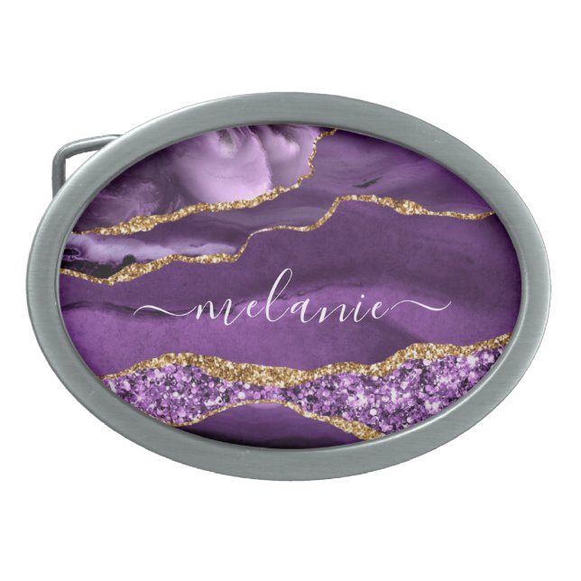 Agate Purple Violet Gold Sparkle Name Belt Buckle (Front)