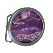 Agate Purple Violet Gold Sparkle Name Belt Buckle (Front Left)
