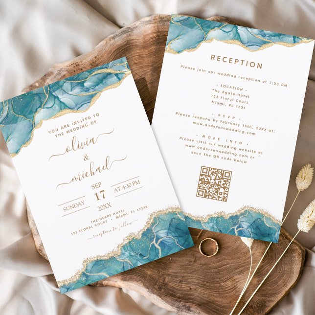 Agate QR Code Turquoise Teal Gold Wedding Invitation (Creator Uploaded)