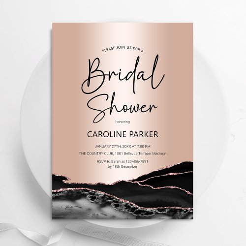Agate Rose Gold Black Bridal Shower Invitation